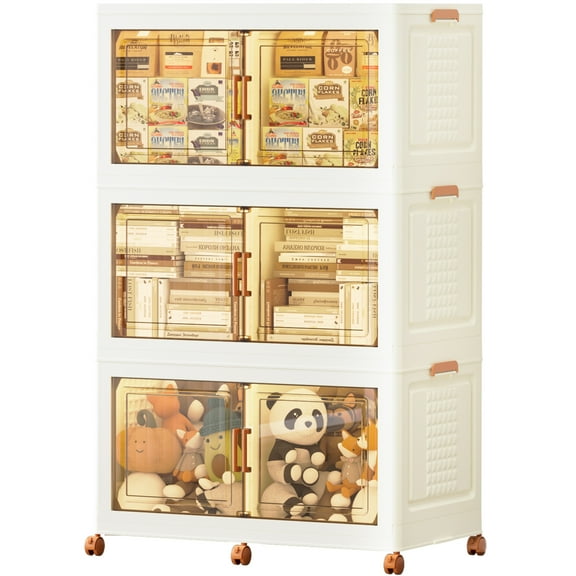 JEKO&JEKO 608Qt Foldable Storage Bins with Lids & Wheels, 3 Pack, Cream