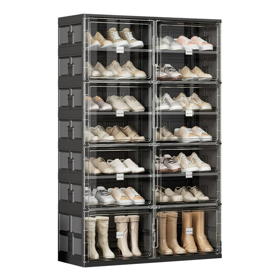 JEKO&JEKO 7-Tier Double Column Foldable Shoe Storage Rack with Magnetic Doors, Black
