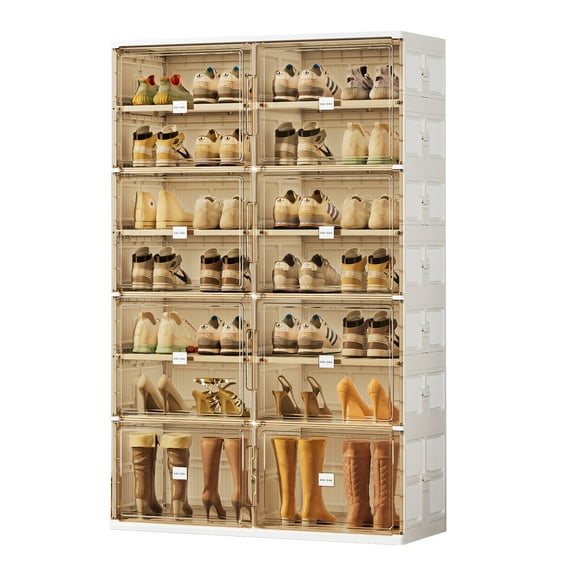 JEKO&JEKO 7-Tier Double Column Foldable Shoe Storage Rack with Magnetic Doors, White