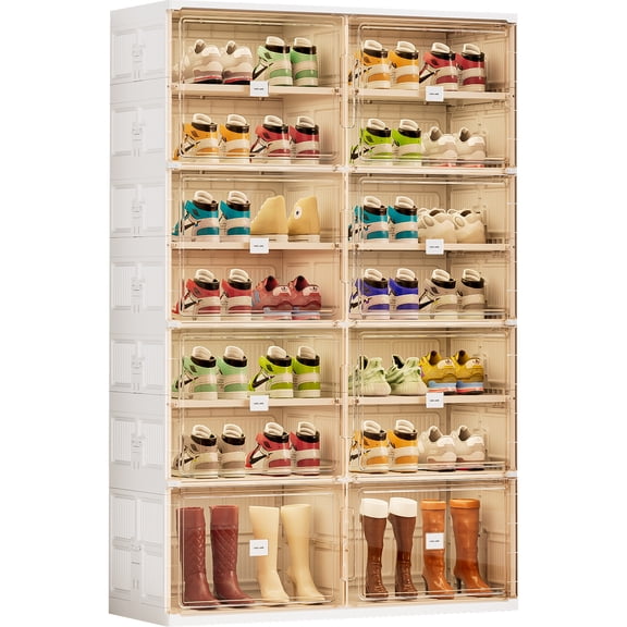 JEKO&JEKO 7-Tier Double Column Foldable Shoe Storage Rack with Magnetic Doors, White