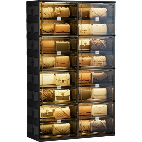 JEKO&JEKO 8-Tier Double Column Foldable Purse and Handbag Storage Cabinet, Black Large Organizer with Magnetic Doors