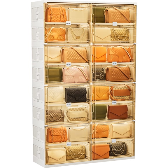 JEKO&JEKO 8-Tier Double Column Foldable Purse and Handbag Storage Cabinet, White Large Organizer with Magnetic Doors