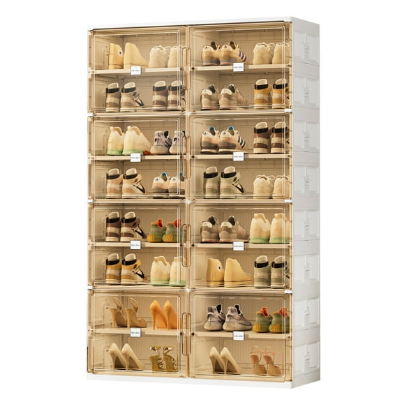 JEKO&JEKO 8-Tier Double Column Foldable Shoe Storage Rack with Magnetic Doors, White