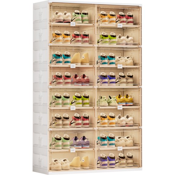 JEKO&JEKO 8-Tier Double Column Foldable Shoe Storage Rack with Magnetic Doors, White
