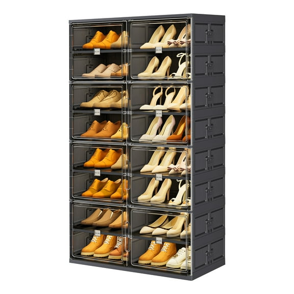JEKO&JEKO 8-Tier Foldable Shoe Organizer Cabinet, Double Column with Magnetic Doors, Black