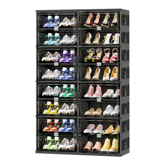 JEKO&JEKO 8 Tiers 32 Pairs Shoe Rack Organizer, Foldable Storage Cabinet for Entryway with Clear Doors (Black)