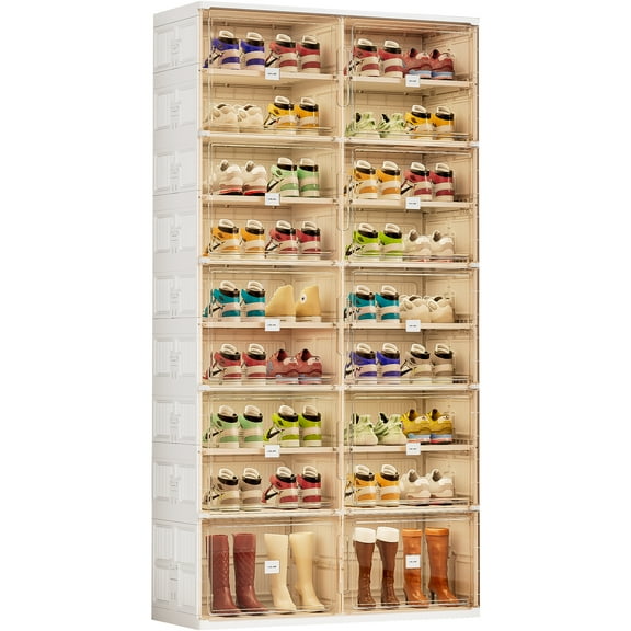JEKO&JEKO 9-Tier Double Column Foldable Shoe Storage Rack with Magnetic Doors, White