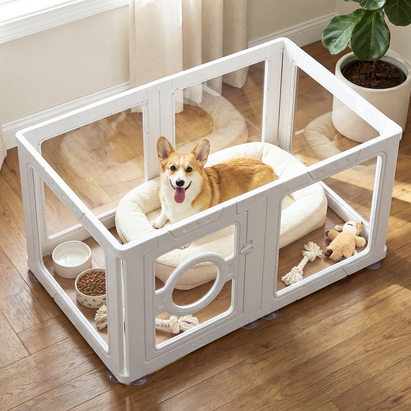 JEKO&JEKO Clear Acrylic Pet Playpen, Indoor Dog Pen for Small Pets, Easy Assembly, 6 Panels, White