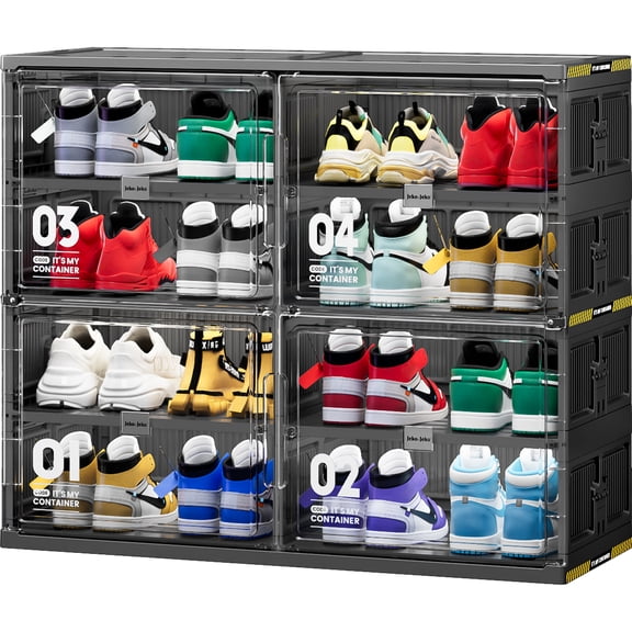 JEKO&JEKO Foldable Shoe Storage Cabinet with Magnetic Doors, 4-Tier Double Column Space-Saving Organizer, Holds 16 Pairs, Black