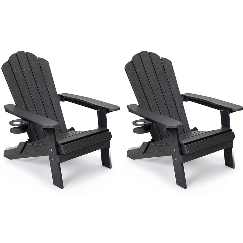 JEKO&JEKO Folding Adirondack Chair Set of 2 with Cup Holder, HIPS All-Weather Outdoor Chair for Patio, Garden, Backyard, Deck - Black