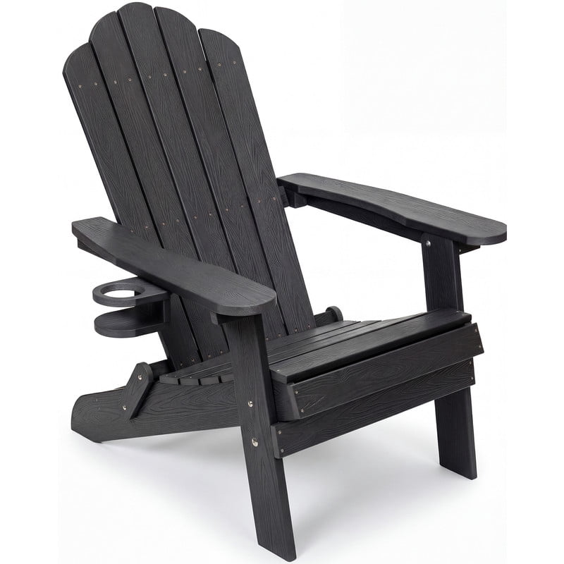 JEKO&JEKO Folding Adirondack Chair with Cup Holder, HIPS All-Weather Outdoor Chair for Patio, Deck, Backyard, Garden - Black