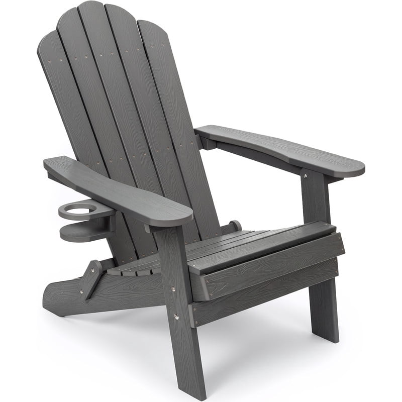 JEKO&JEKO Folding Adirondack Chair with Cup Holder, HIPS All-Weather Outdoor Chair for Patio, Deck, Backyard, Garden - Gray