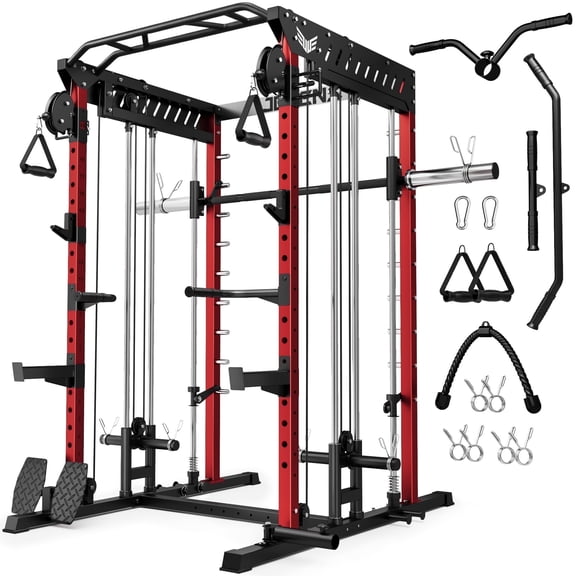 Allviate Smith Machine, Multi-Function Power Cage with Dual Pulley Cable Crossover System, 2000LBS All-in-One Squat Rack with Smith Bar and Attachments, Workout Machine for Home Gym