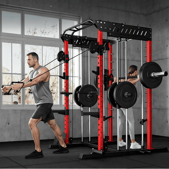 Forgemus Smith Machine, Multi-Function Power Cage with Dual Pulley Cable Crossover System, 2000LBS All-in-One Squat Rack with Smith Bar and Attachments, Workout Machine for Home Gym