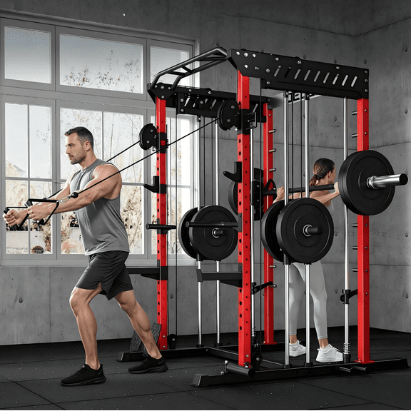 Forgemus Smith Machine, Multi-Function Power Cage with Dual Pulley Cable Crossover System, 2000LBS All-in-One Squat Rack with Smith Bar and Attachments, Workout Machine for Home Gym