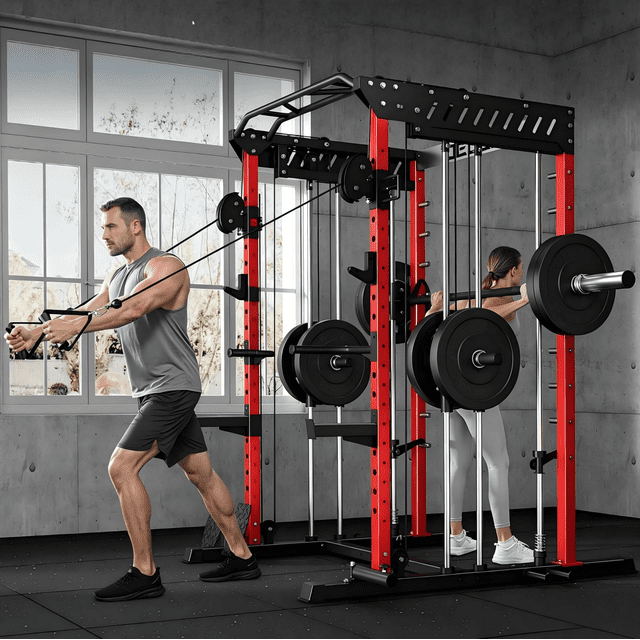 Forgemus Smith Machine, Multi-Function Power Cage with Dual Pulley Cable Crossover System, 2000LBS All-in-One Squat Rack with Smith Bar and Attachments, Workout Machine for Home Gym