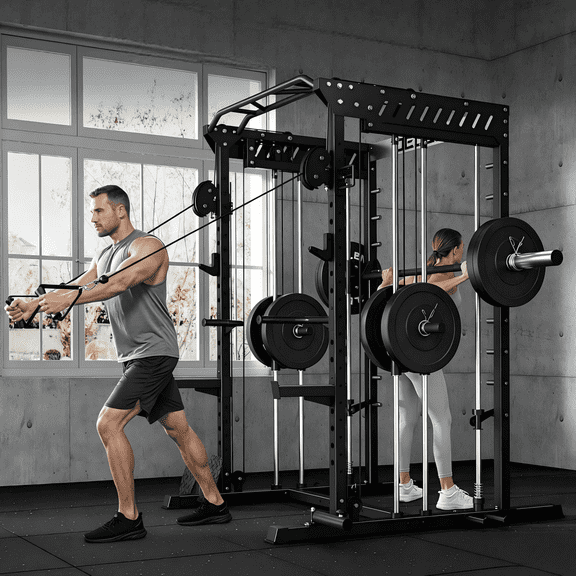 Forgemus Smith Machine, 2000LBS M11 Multi-Function Squat Rack Power Cage with Cable Crossover System and Smith Bar, All-in-One LAT Pull-Down Machine for Home Gym