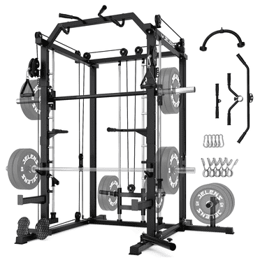 JELENS Smith Machine, 2000LBS M11 Multi-Function Squat Rack Power Cage with Cable Crossover System and Smith Bar, All-in-One LAT Pull-Down Machine for Home Gym