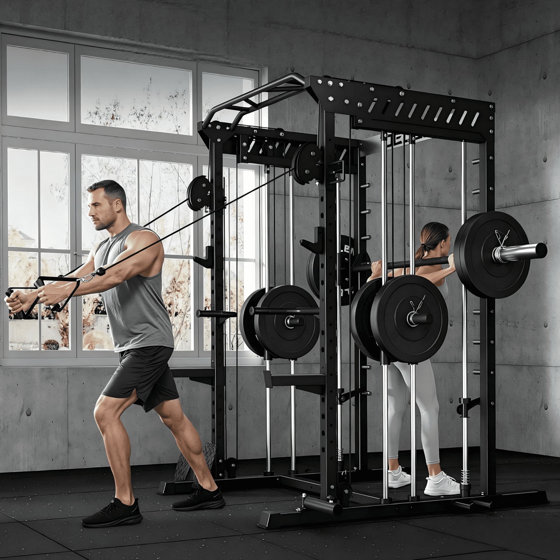 Forgemus Smith Machine, 2000LBS M11 Multi-Function Squat Rack Power Cage with Cable Crossover System and Smith Bar, All-in-One LAT Pull-Down Machine for Home Gym