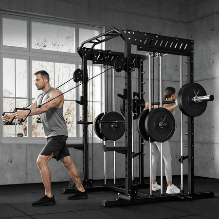 Forgemus Smith Machine, 2000LBS M11 Multi-Function Squat Rack Power Cage with Cable Crossover System and Smith Bar, All-in-One LAT Pull-Down Machine for Home Gym