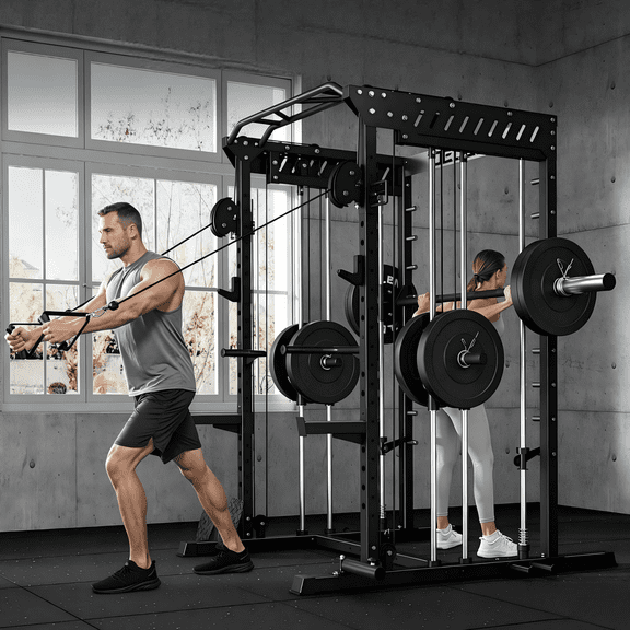 Forgemus Smith Machine, 2000LBS M11 Multi-Function Squat Rack Power Cage with Cable Crossover System and Smith Bar, All-in-One LAT Pull-Down Machine for Home Gym