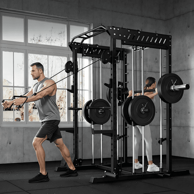 Forgemus Smith Machine, 2000LBS M11 Multi-Function Squat Rack Power Cage with Cable Crossover System and Smith Bar, All-in-One LAT Pull-Down Machine for Home Gym