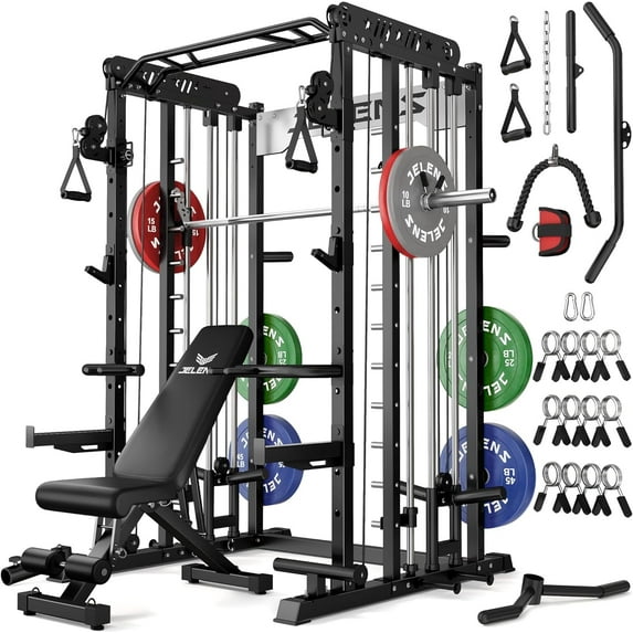 FORGEMUS Smith Machine Power Cage, 2000LBS All-in-One Squat Rack Multi-Function Home Gym System with Cable Crossover System for Adult