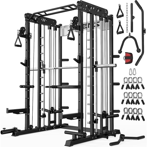 FORGEMUS Smith Machine Power Cage, 2000LBS All-in-One Squat Rack Multi-Function Home Gym System with Cable Crossover System for Adult