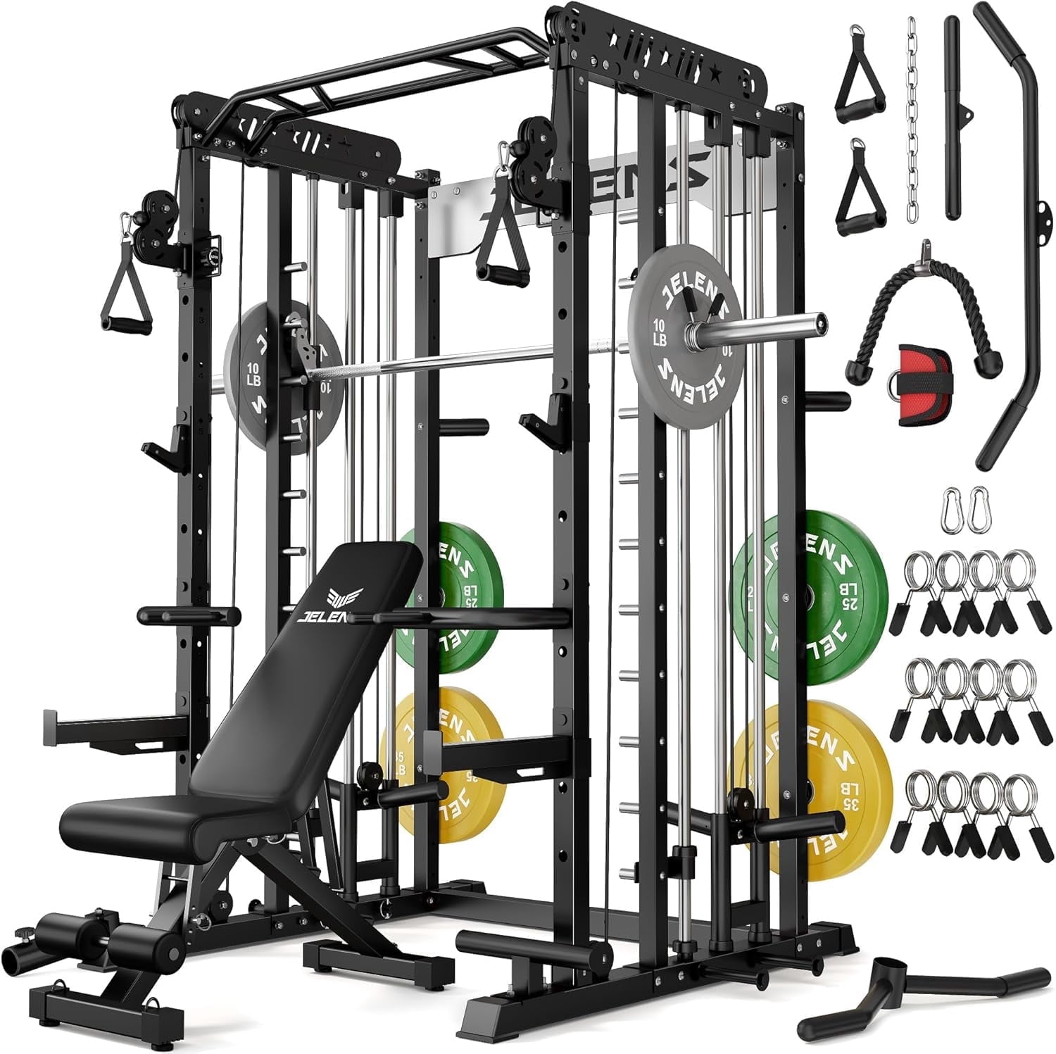 FORGEMUS Smith Machine Power Cage, 2000LBS All-in-One Squat Rack Multi-Function Home Gym System with Cable Crossover System for Adult