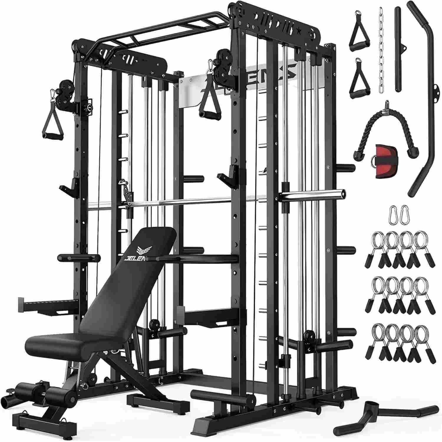 FORGEMUS Smith Machine Power Cage, 2000LBS All-in-One Squat Rack Multi-Function Home Gym System with Cable Crossover System for Adult