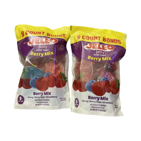 JELL-O Jelly Mini Cups Berry Mix, 9 Count Per Bag  2 Pack (18 Total Snacks)