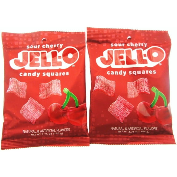 JELL-O Sour Cherry Gummy Squares Candy 3.75oz bags Jello Lot of 2