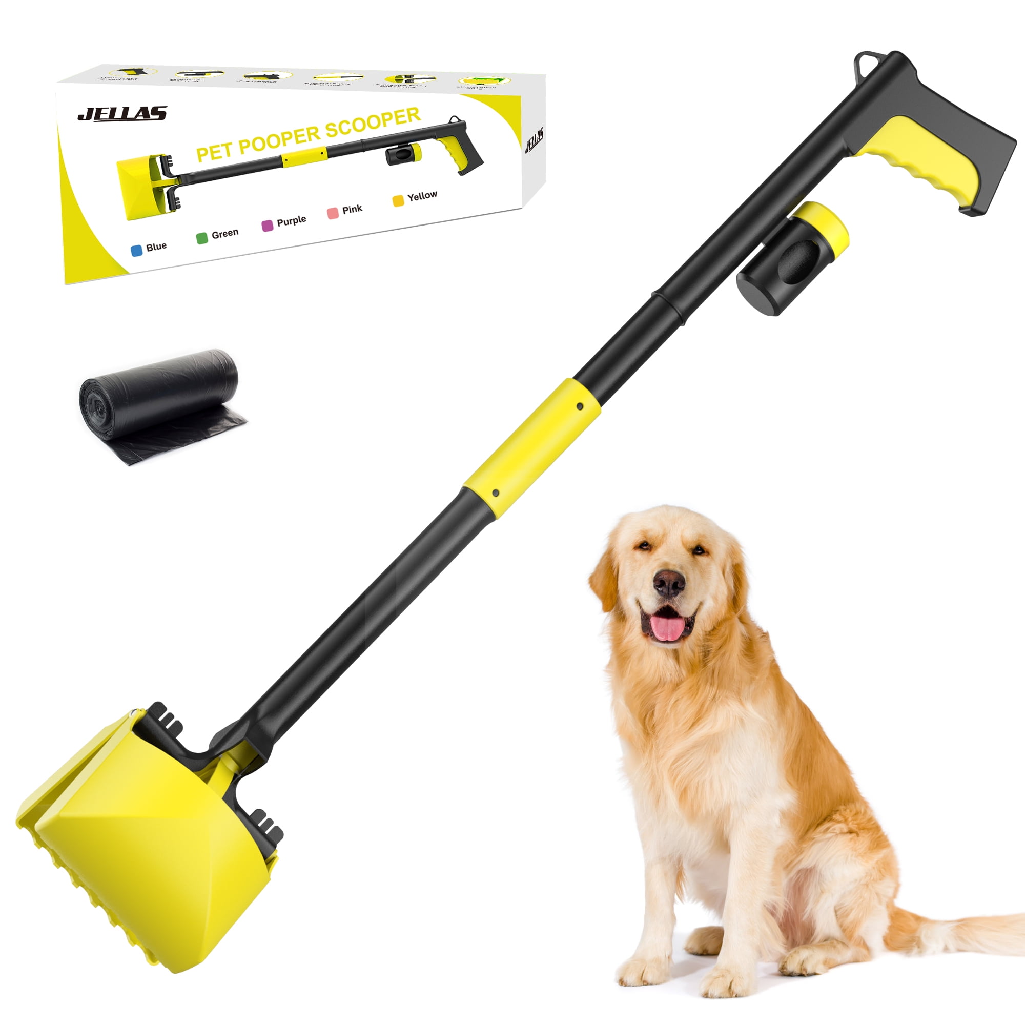 JELLAS 32" Foldable Long Handle Pooper Scooper for Dogs with Bag and