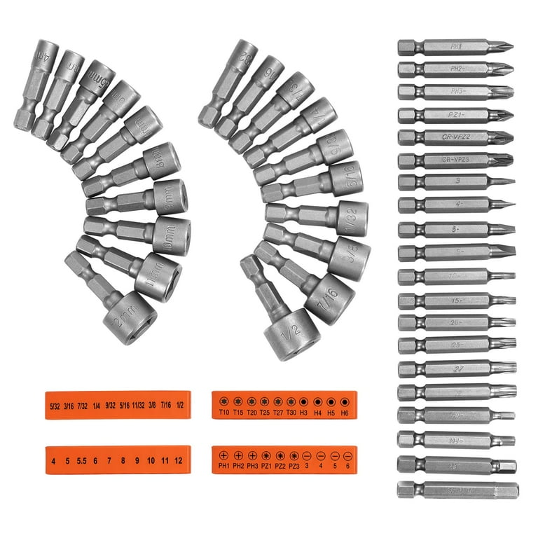 JELLAS 40pcs Power Nut Driver Set and Screwdriver Bit Set 1 4 Hex Driver Bits SAE and Metric Multi Bit Set for Impact Drill