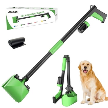 JELLAS Dog Pooper Scooper for Large Small Dogs, Foldable Poop Scooper with 32" Long Handle, Includes Bag and Attachment Green