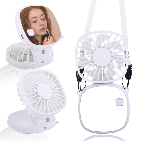 JELLOO Handheld Small Fan, Neck Hanging Folding Fan, Portable USB Charging Makeup Mirror, Multi purpose Fan