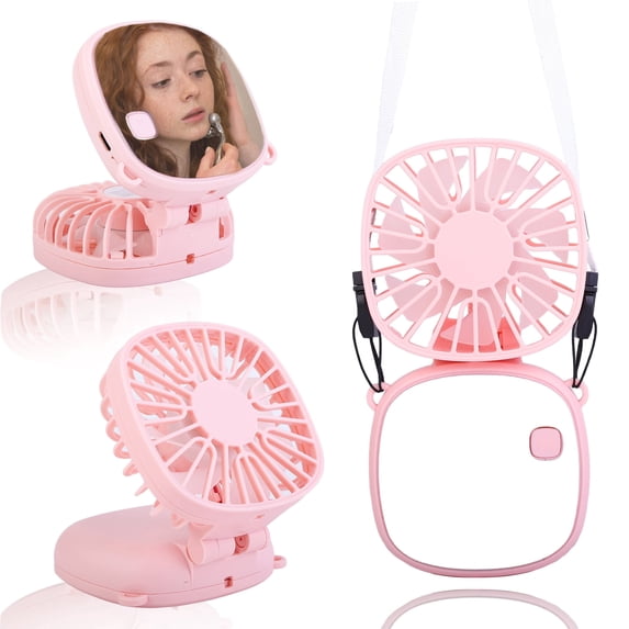 JELLOO Handheld Small Fan, Neck Hanging Folding Fan, Portable USB Charging Makeup Mirror, Multi purpose Fan