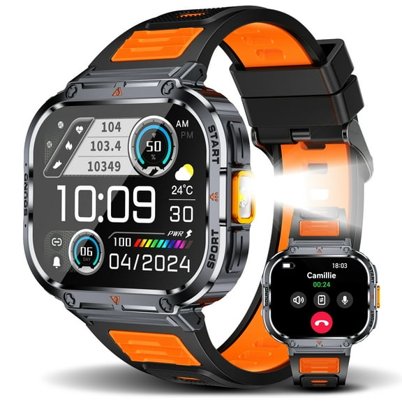 JELLOO NX23 2.0'' Large Horizontal HD Screen Smartwatches for Men (Answer/Make Calls), Smart Watch for iPhone and Android, Fitness Smartwatch with 100+ Sports Modes, Orange