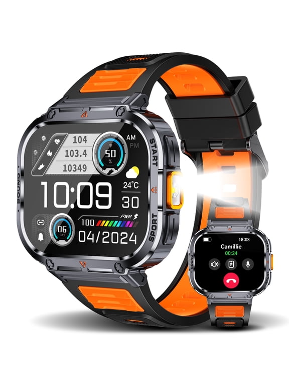 NX23 2.0'' Large Horizontal HD Screen Smartwatches for Men (Answer/Make Calls), Smart Watch for iPhone and Android, Fitness Smartwatch with 100+ Sports Modes, Orange