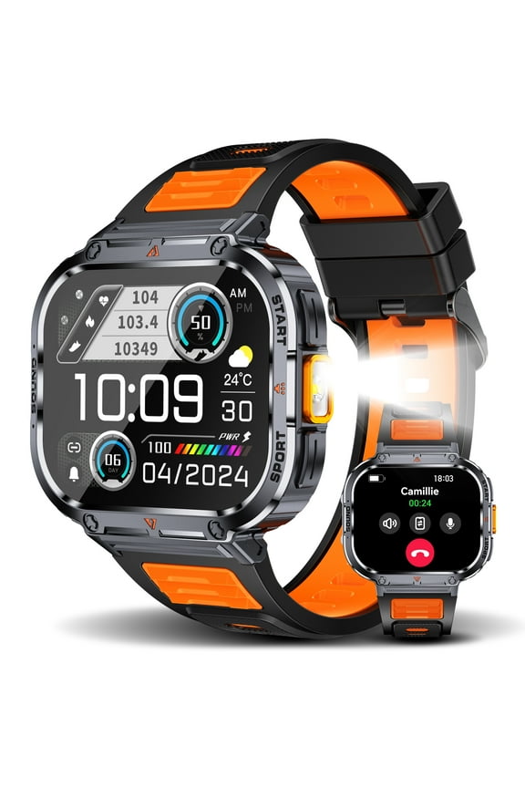 NX23 2.0'' Large Horizontal HD Screen Smartwatches for Men (Answer/Make Calls), Smart Watch for iPhone and Android, Fitness Smartwatch with 100+ Sports Modes, Orange
