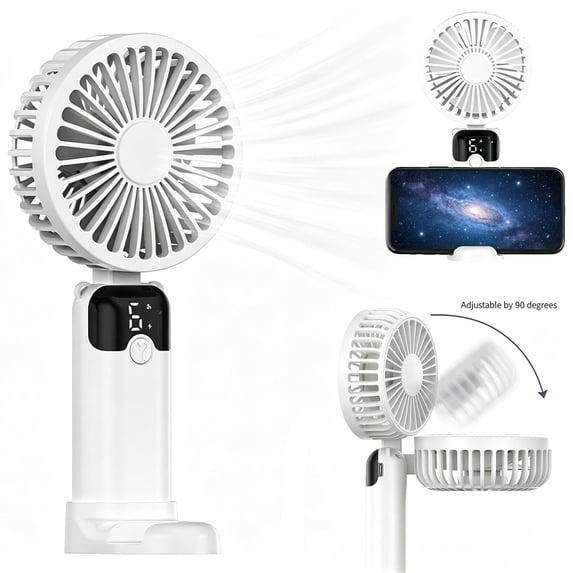 JELLOO Portable Handheld Fan, Battery Operated Fan with Base,Digital Display, 6 Speeds, 90° Ajustable, Rechargeable Mini Fan for Outdoor Indoor