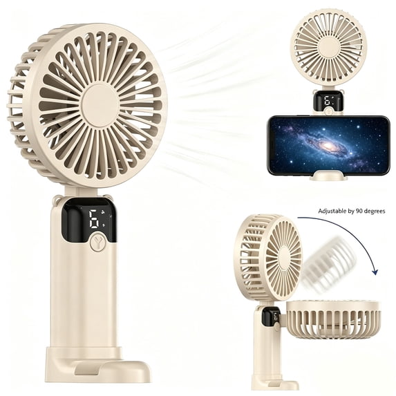 JELLOO Portable Handheld Fan, Battery Operated Fan with Base,Digital Display, 6 Speeds, 90° Ajustable, Rechargeable Mini Fan for Outdoor Indoor