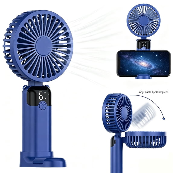 JELLOO Portable Handheld Fan, Battery Operated Fan with Base,Digital Display, 6 Speeds, 90° Ajustable, Rechargeable Mini Fan for Outdoor Indoor