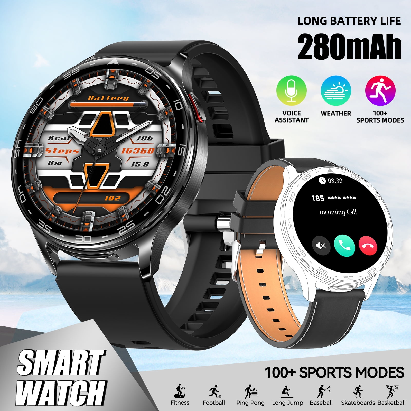 JELLOO T97 Smart Watch for Men Women with Earbuds Bluetooth Call 1.39" HD Screen Outdoor Sports Smartwatch with 100+ Sport Modes IP67 Waterproof Compatible with iOS Android, 1pc