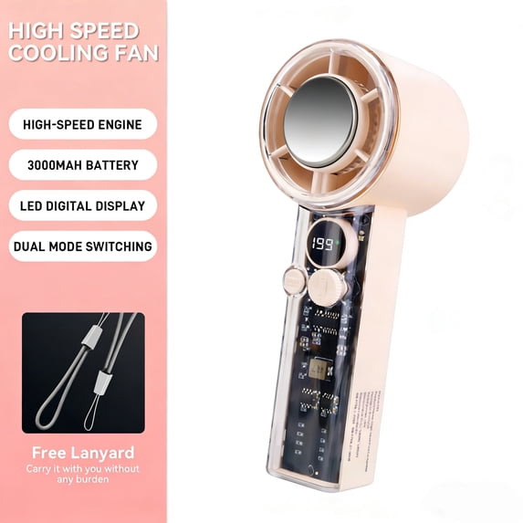 JELLOO Transparent Portable Handheld Fan, Powerful Turbo Personal Cooling Fan, Digital Display,Rechargeable 3000mAh Battery Operated for Travel/Work/Home/Outdoor