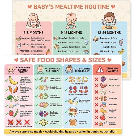 JELLY BEAN GENIUS Baby Mealtime Routine Poster – Safe Food Shapes & Sizes Guide | Laminated Infant Feeding Schedule Chart for Parents 11x17