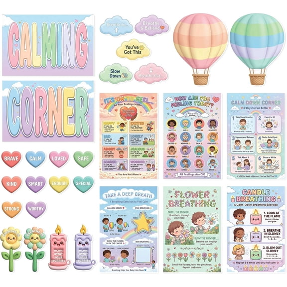 JELLY BEAN GENIUS Calming Corner Wall System for Kids – 29-Piece Social Emotional Learning & Emotional Awarenesss Visuals, Interactive Classroom & Home Calm Down Corner Display