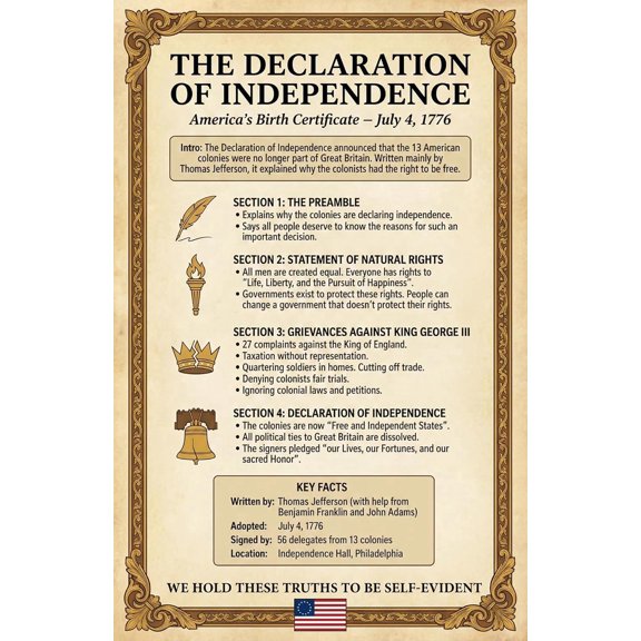JELLY BEAN GENIUS Declaration of Independence Summary Poster - Key Principles Explained - Laminated 11x17 - Educational Chart - American History Classroom