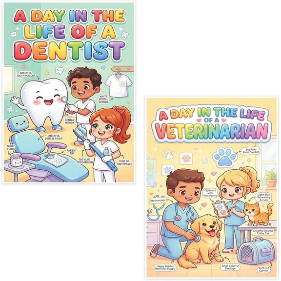 JELLY BEAN GENIUS Dentist and Veterinarian Poster for Kids – Laminated Double-Sided Community Helpers Career Wall Art & Educational Chart | Community Helpers Educational Chart 11x17