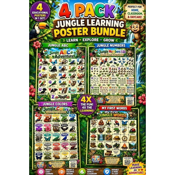 JELLY BEAN GENIUS Jungle Animals ABC Alphabet Colors Numbers First Words Learning Educational Wall Charts with Laminated Dry-Erase, 4 Count